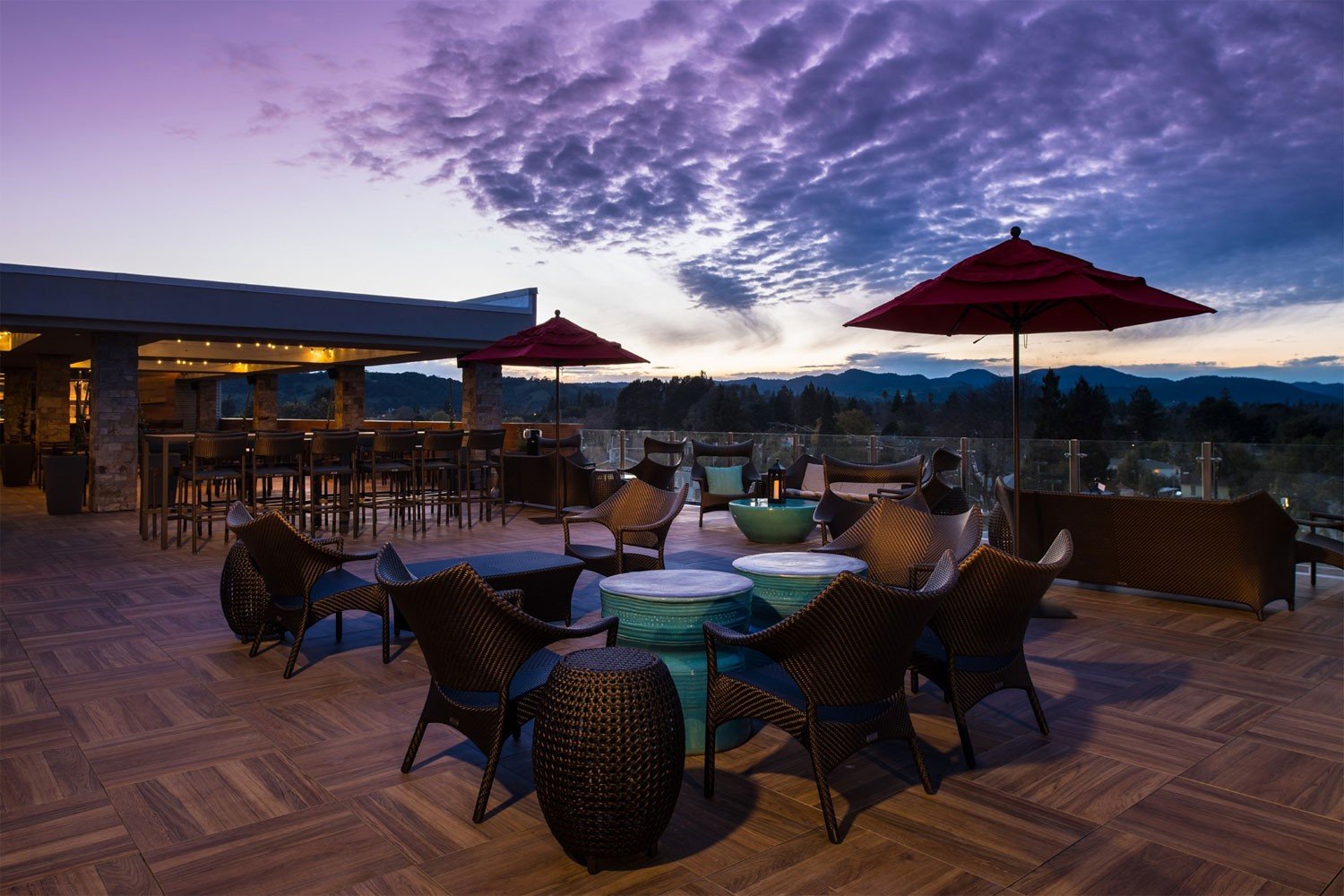 Archer Hotel Napa - Rooftop seating in the evening sky
