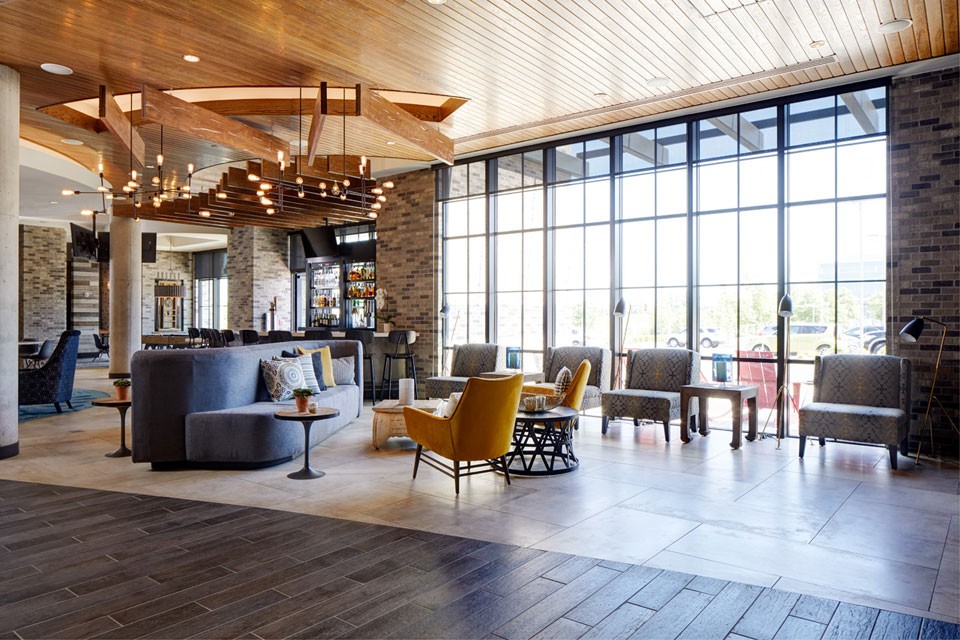 Hotel lobby with floor-to-ceiling windows 