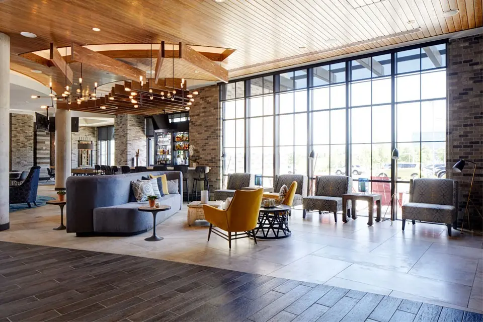 Hotel lobby with floor-to-ceiling windows