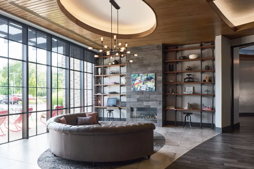 Hotel lobby seating with fireplace