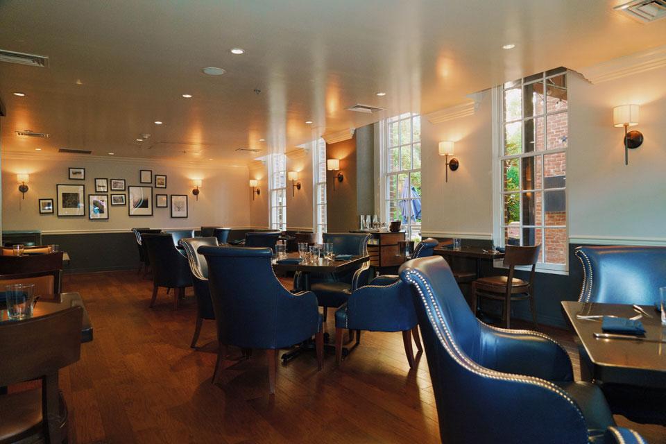 Brabo Brasserie seating with blue chairs