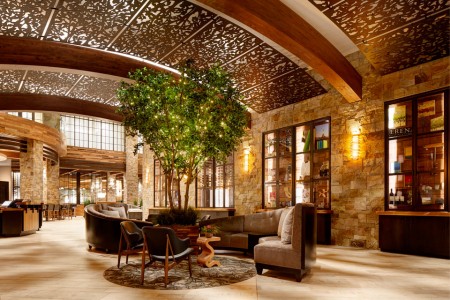 Wine-country-inspired lobby with barrel-like ceiling, lit tree and centered seating