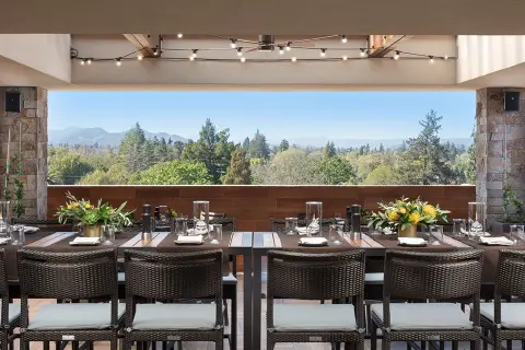 Seating with a view at Sky & Vine Rooftop Bar