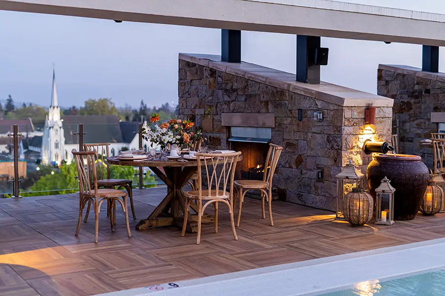 Archer Hotel Napa - wedding tables on Water Deck