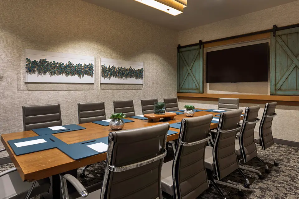 Boardroom - reclaimed-wood table with modern ergonomic chairs and a wall-mounted TV