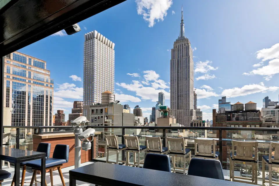 Spyglass - open-air terrace with table seating, viewfinders and Empire State Building views