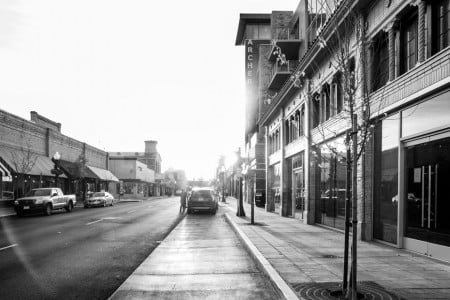 Black-and-white image of the street in front of Archer Hotel Napa