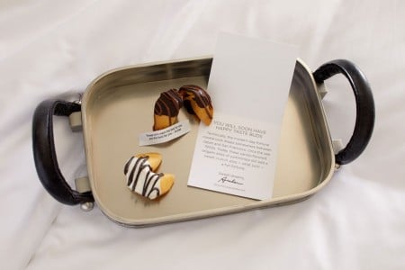 Turndown treat - fortune cookies on a tray with a card