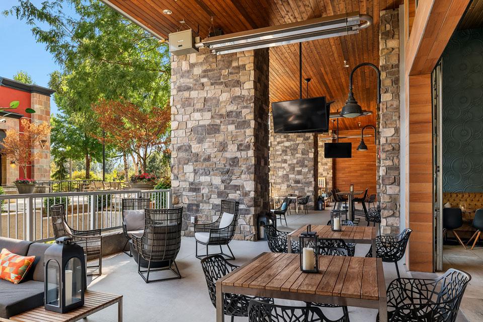 Outdoor patio with TV and outdoor heaters