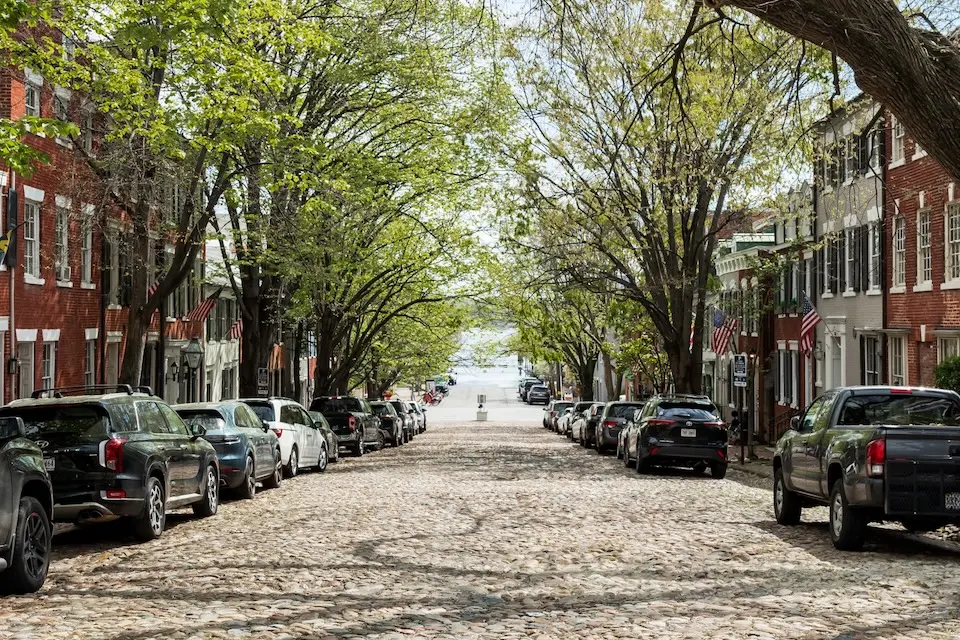 Alexandria Historical District - cobblestone street lined with Federal-style rowhouses at Captain's Row on Prince Street
