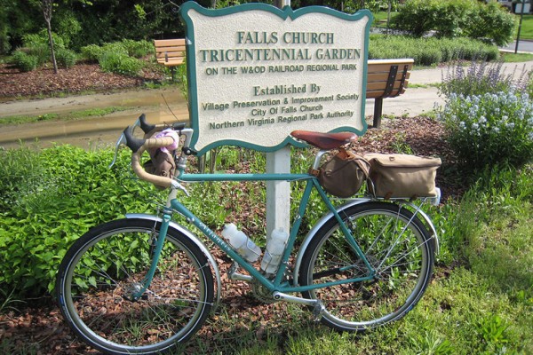 Falls Church signage with bicycle in front