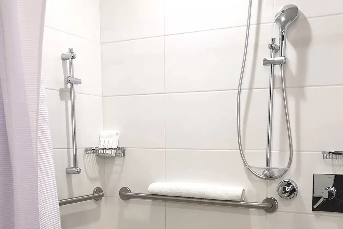 Deluxe King - mobility-accessible roll-in shower with grab bars, hand-held shower wand and shower seat