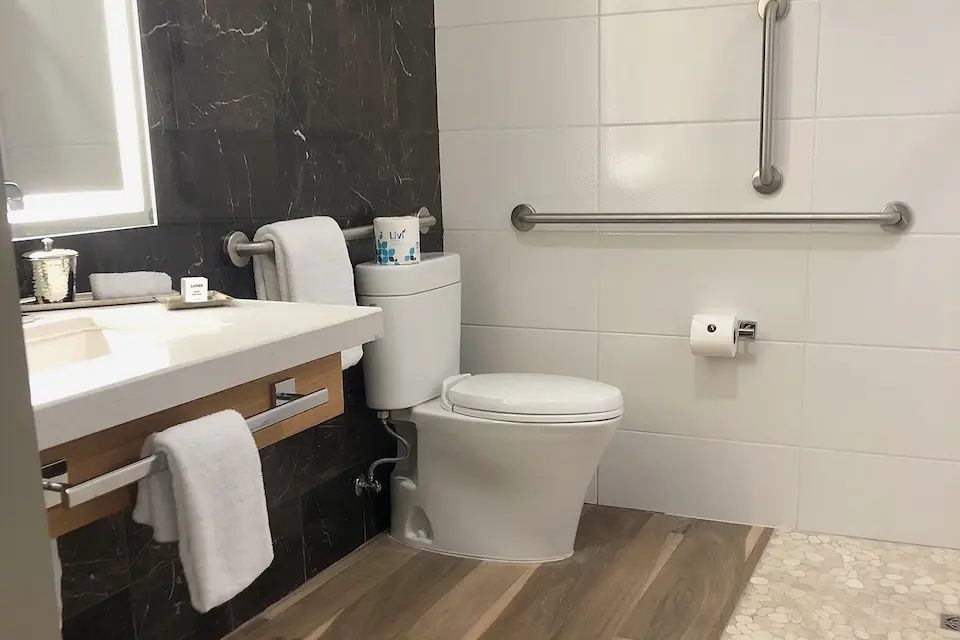 Deluxe King - mobility-accessible bathroom with vanity and grab bars