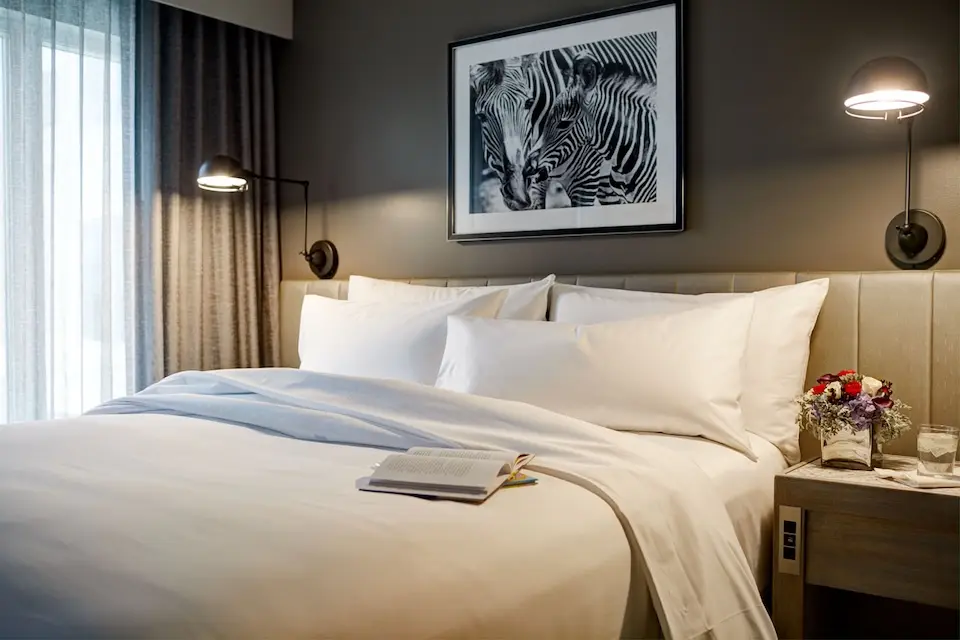 Deluxe King Studio - turned down bedding with zebra photography