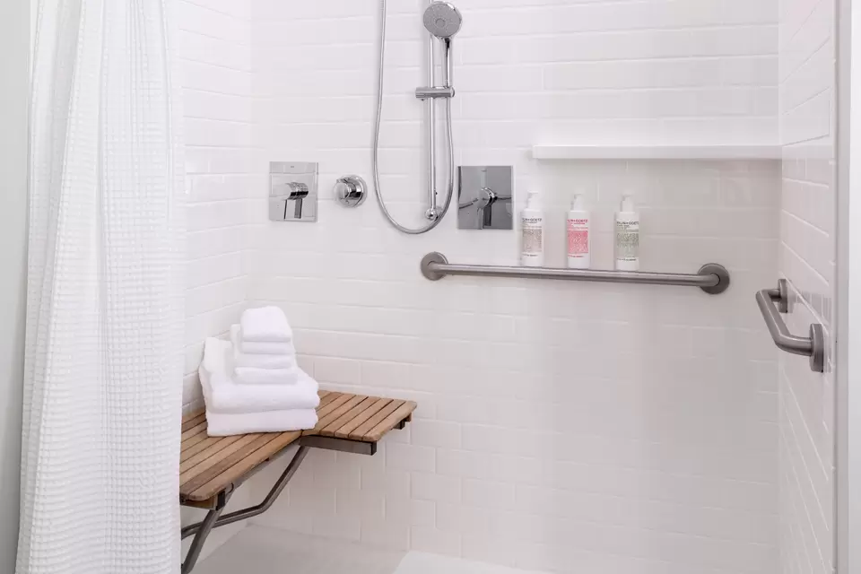 Classic King - mobility-accessible roll-in shower with shower seat, hand-held shower wand and grab bars