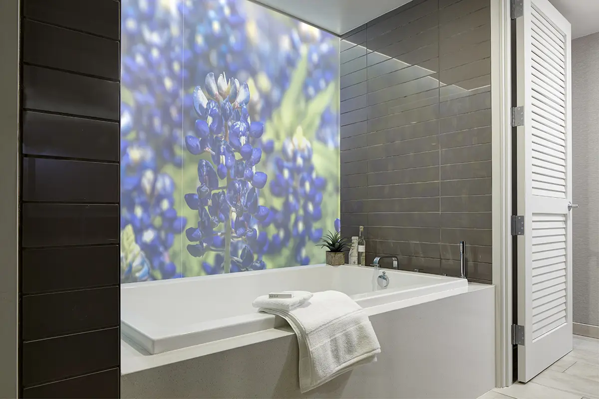 Archer's Den - soaking tub and artwork of native bluebonnets