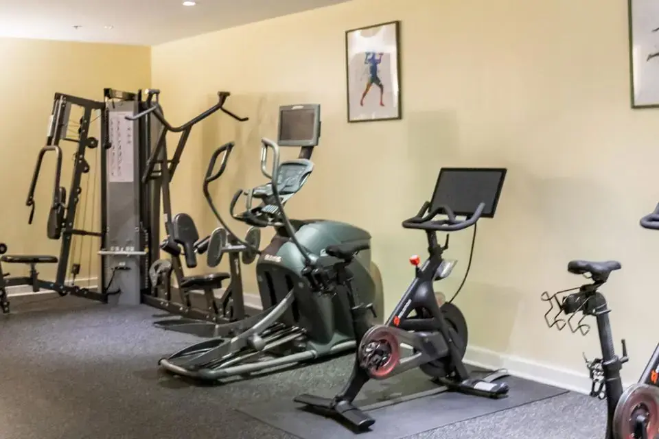 Fitness Studio - Peloton™ bike and elliptical trainer lined up next to a multi-station weight machine