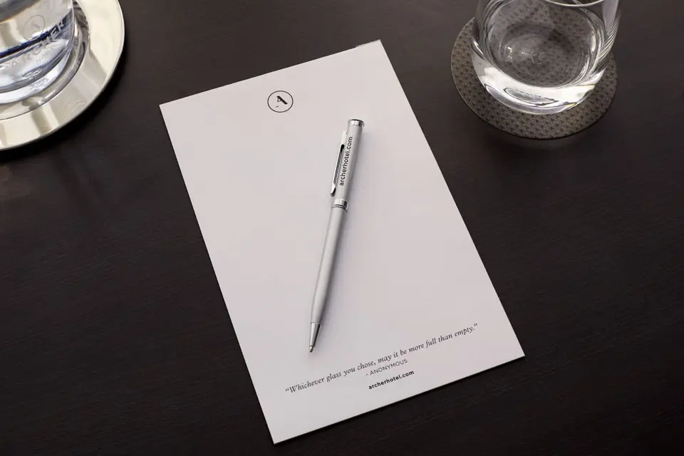 Archer Hotel Napa - The Great Room C notepad with pen and water