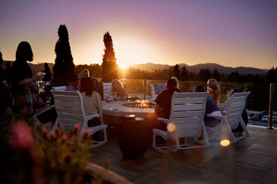 Archer Hotel Napa Rooftop - Fire pit seating with skyline views